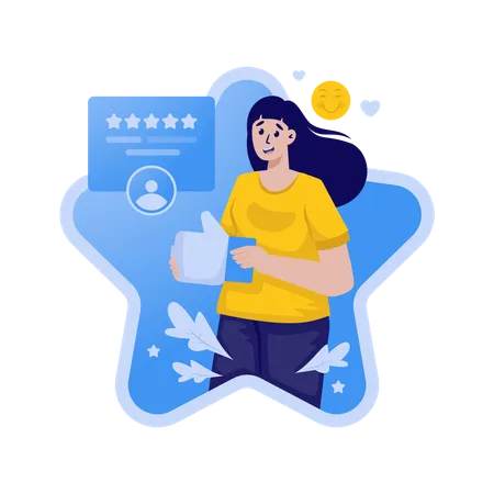 A Woman Gives Feedback Like Sign And Star Rating Vector Illustration Illustration