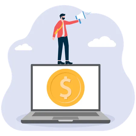 Giving a dollar sign coin to a laptop  Illustration