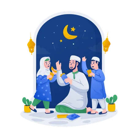 Illustration Of Giving Children Cash Tradition During Eid Mubarak イラスト