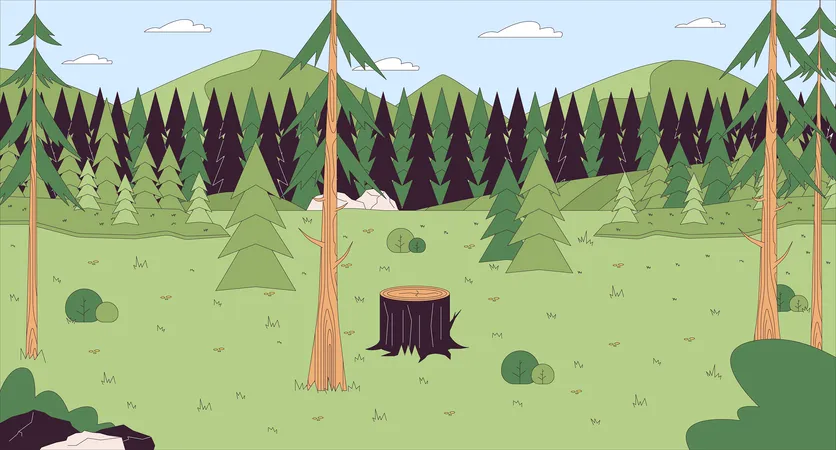 Glade Forest Pines Cartoon Flat Illustration Stump Of Tree Woodland Spruces 2 D Line Scenery Colorful Background Summer Landscaping Spring Season Grass Woods Scene Vector Storytelling Image Illustration