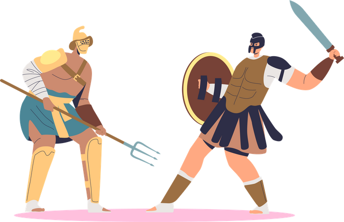 Gladiator fight with barbarian on arena  Illustration