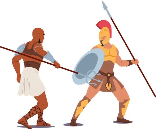 Gladiator Fighting with Barbarian on Coliseum Arena  Illustration