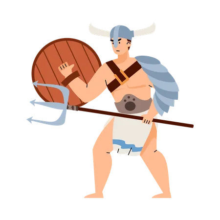 Gladiator warrior in helmet armed with trident  Illustration