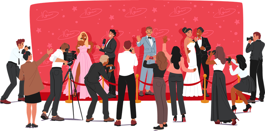 Glamorous Red Carpet Event Featuring Celebrities Posing For Photographers And Reporters, Cartoon Vector Scene  Illustration