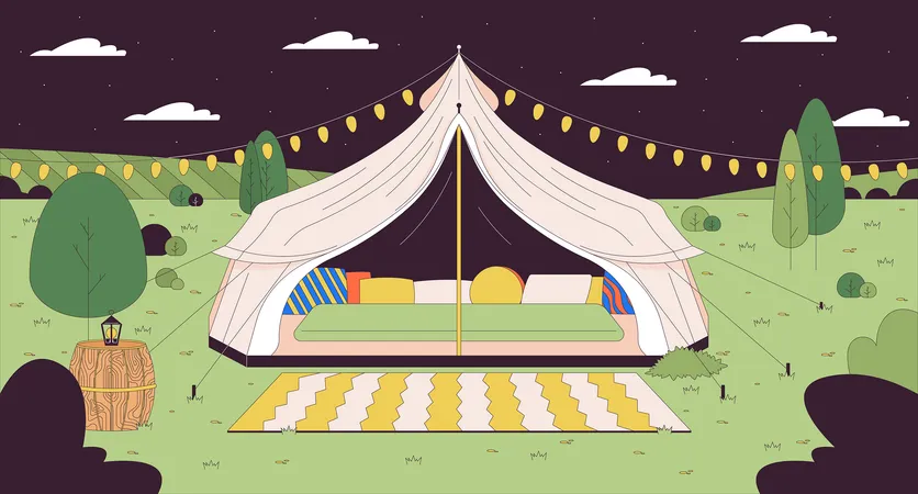 Glamping Tent Starry Night Sky Cartoon Flat Illustration Retreat Comfortable 2 D Line Scenery Colorful Background Romantic Getaway Countryside Nighttime Meadow Scene Vector Storytelling Image Illustration