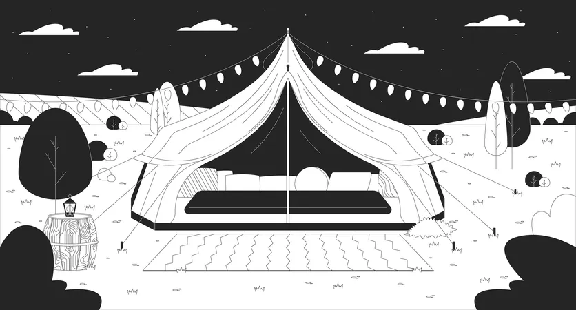 Glamping Tent Starry Night Sky Black And White Line Illustration Retreat Comfortable 2 D Scenery Monochrome Background Romantic Getaway Countryside Nighttime Meadow Outline Scene Vector Image Illustration