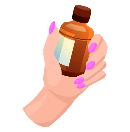 Glass bottle with brown medicine in woman hand  Illustration
