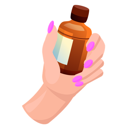 Glass bottle with brown medicine in woman hand  Illustration