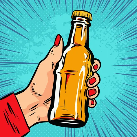 Glass bottle with drink in female hand  Illustration