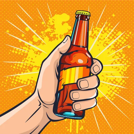 Glass Bottle With Drink In Hand Fast Food Vector Illustration In Pop Art Retro Comic Style 일러스트레이션