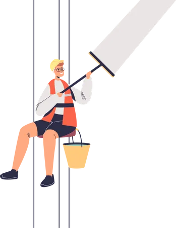 Glass Cleaner Man Washing Skyscraper Windows Window Washer On Ropes Clean Building Outside Cleaning Service Employee In Uniform At Work Cartoon Flat Vector Illustration Illustration