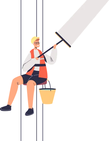 Glass cleaner man washing skyscraper windows  Illustration