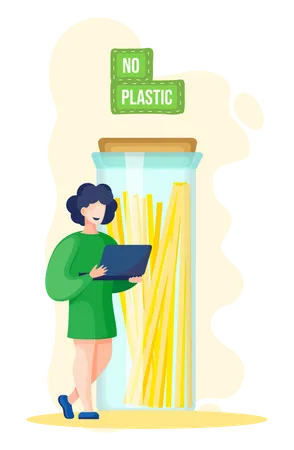 Smiling Girl Stands With Laptop And Works On Her Computer Online No Plastic Concept People Are Saving The Planet Waste Free Production Environmentally Friendly Glass Container With Pasta Illustration
