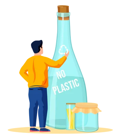 The Man Touches The Image Of The Recycling Logo Depicted On The Glass Container Glass Bottle For Water With The Inscription Closed With A Wooden Cork No Plastic Concept Eco Friendly Production イラスト