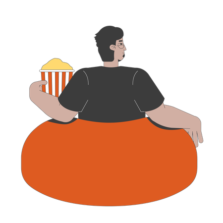 ポップコーンバケツを持ってビーンバッグでくつろぐ眼鏡をかけたアラブ人男性  イラスト