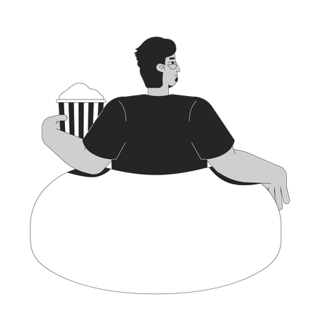 ポップコーンバケツを持ってビーンバッグでくつろぐ眼鏡をかけたアラブ人男性  イラスト