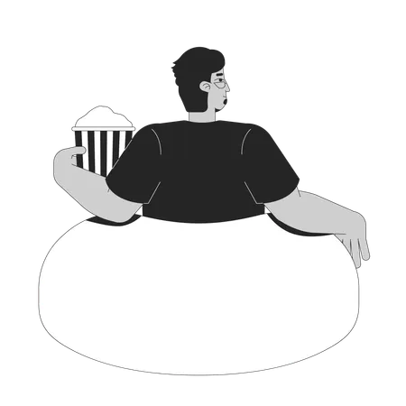 ポップコーンバケツを持ってビーンバッグでくつろぐ眼鏡をかけたアラブ人男性  イラスト