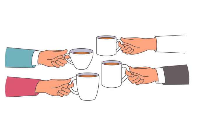 Glasses of coffee in hands of business people taking break to try delicious drink  Illustration