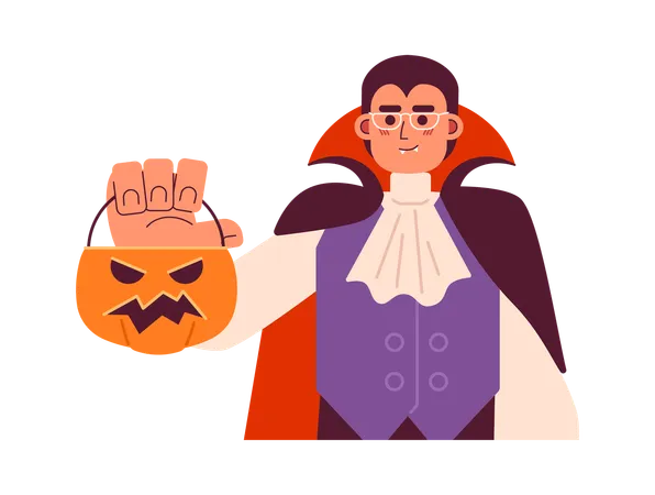 Glasses Vampire Holding Trick Or Treat Basket Semi Flat Color Vector Character Dracula With Candy Bucket Editable Half Body Person On White Simple Cartoon Spot Illustration For Web Graphic Design Illustration