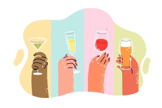 Glasses with different alcohol drinks in hands  Illustration