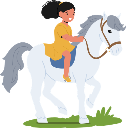 Gleeful Little Girl Joyfully Rides Her Horse Across A Sunlit Summer Field  일러스트레이션