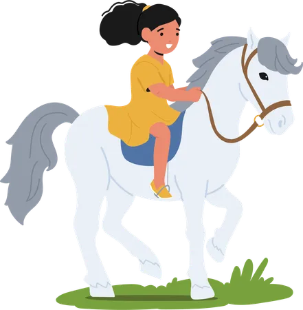 Gleeful Little Girl Joyfully Rides Her Horse Across A Sunlit Summer Field  일러스트레이션