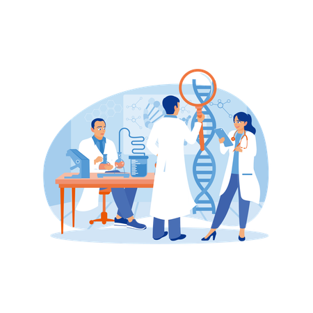 Gli scienziati conducono ricerche sulle molecole di DNA in laboratorio  Illustration