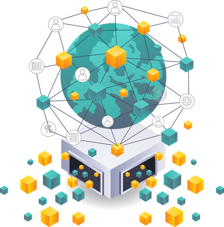 ビジネス投資におけるグローバルブロックチェーン技術ネットワーク  イラスト