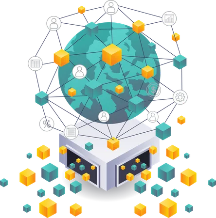 ビジネス投資におけるグローバルブロックチェーン技術ネットワーク  イラスト