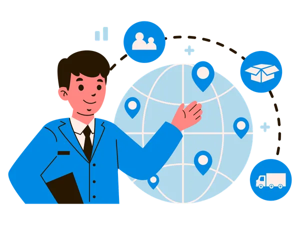 A Male Professional In A Blue Suit Gestures Towards A Global Map Symbolizing International Business Connectivity And Logistics Illustration