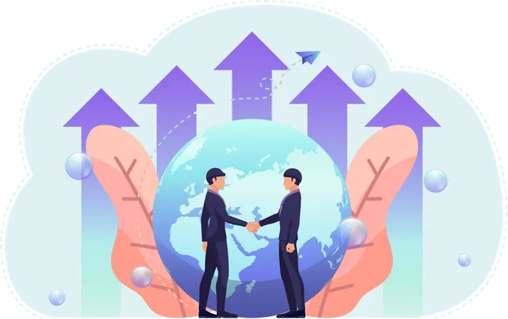 Business People Shake Hand With World And Growth Graph On Background Global Business And Partnership Concept Illustration