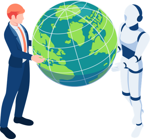 Global business partnership with AI robot Illustration