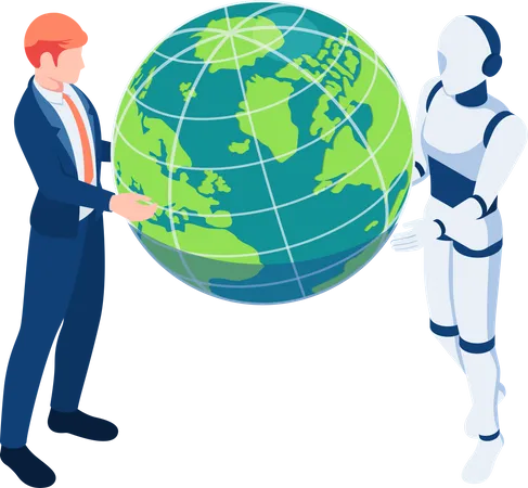 Global business partnership with AI robot Illustration