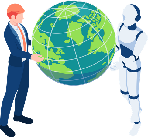 Global business partnership with AI robot  Illustration