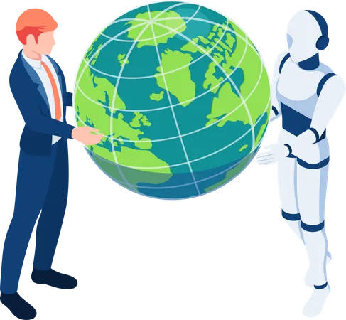 Global business partnership with AI robot  Illustration