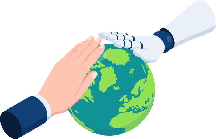 Flat 3 D Isometric Businessman And Ai Robot Hand Protecting The World Global Business With Artificial Intelligence And Environmental Conservation Concept Illustration