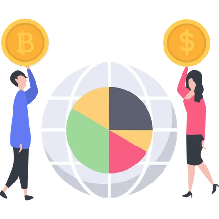 A Boy With A Bitcoin And A Girl With A Dollar Coin Coming Toward Global Chart Illustration
