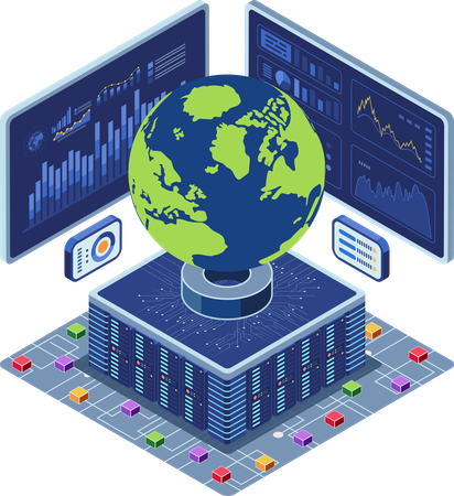 Global Data Center with Big Data Analytics Screen  Illustration