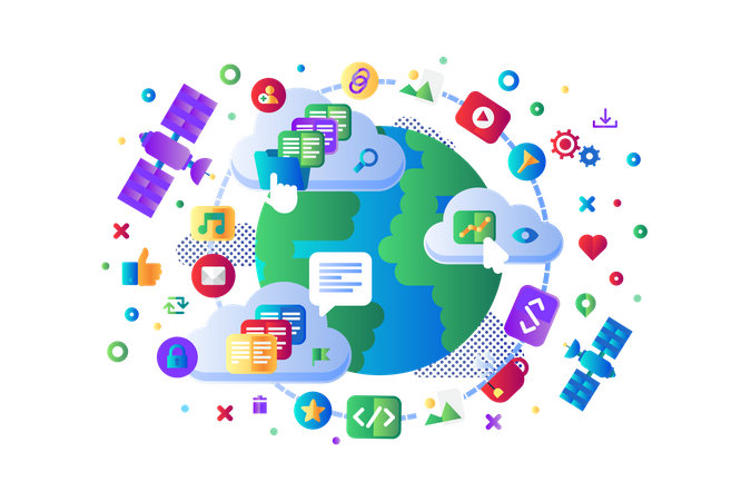Global data social network 5G internet vector flat design. Worldwide wi-fi internet satellite navigation system moving on Earth orbit, cloud storage servers operation concept. Website app template Illustration