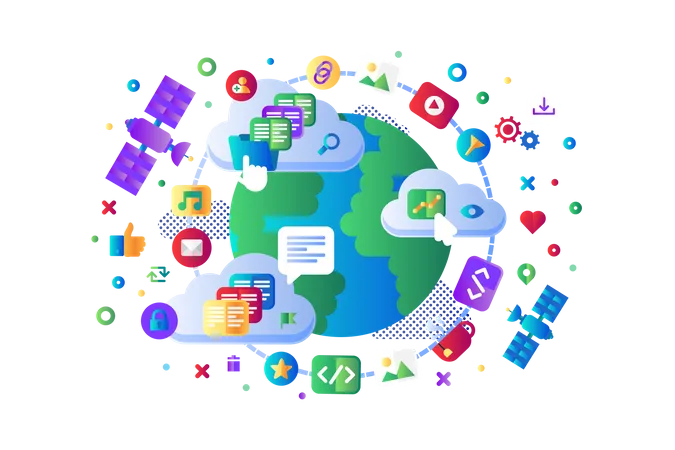 Global data social network 5G internet vector flat design. Worldwide wi-fi internet satellite navigation system moving on Earth orbit, cloud storage servers operation concept. Website app template  Illustration