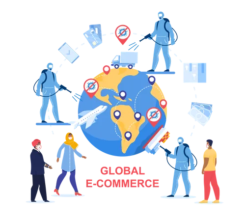 Global E-Commerce in Worldwide Covid-19 Pandemic Illustration