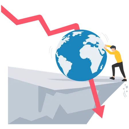 Global economic risks, Politics, war, inflation, impact of the Fed interest rate policy, Stock market volatility, Businessmen try hard to push the globe from falling off a cliff  Illustration