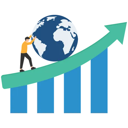 Global economic slowdown, world GDP growth decline or sluggish, recession or growth slowing down concept, businessman pushing slow snail with the earth on GDP growing arrow metaphor of world economy.  Illustration