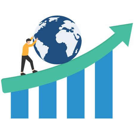 Global economic slowdown, world GDP growth decline or sluggish, recession or growth slowing down concept, businessman pushing slow snail with the earth on GDP growing arrow metaphor of world economy.  Illustration