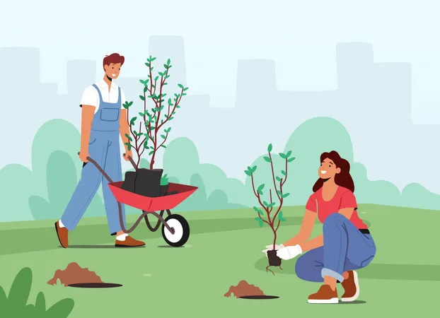 Global Environmental Movement Reforestation Concept Characters Planting Seedlings And Trees Into Soil In Garden Save World Nature Environment And Ecology Cartoon People Vector Illustration Illustration