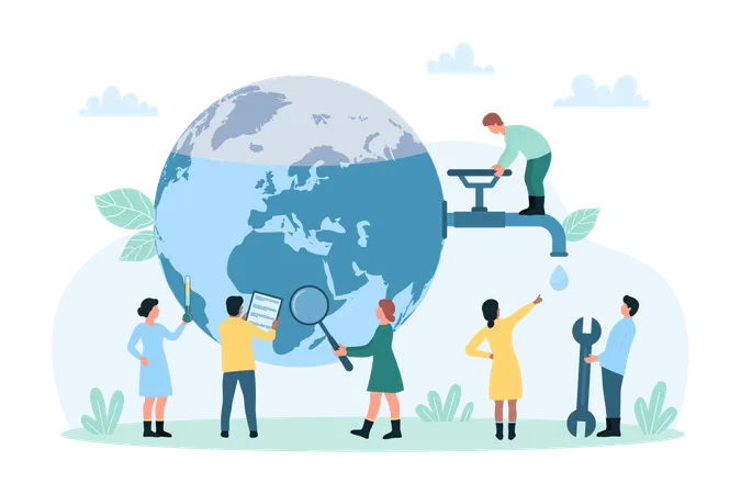 Water Conservation Responsibility Global Environmental Protection Vector Illustration Cartoon Tiny People Close Valve On Tap And Pipeline To Globe Earth Save And Clean Environment Of World イラスト