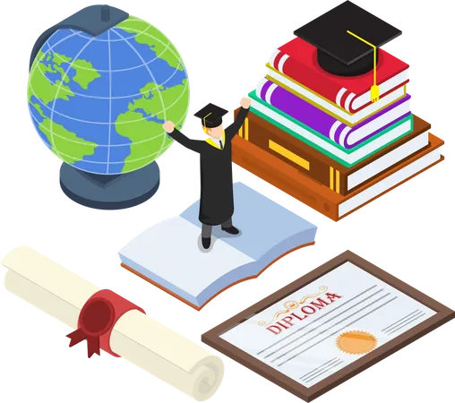 Flat 3 D Isometric Smart People In Graduation Suit With Graduate Cap On Top Of Book And Graduate Diploma Certificate Education Concept Illustration