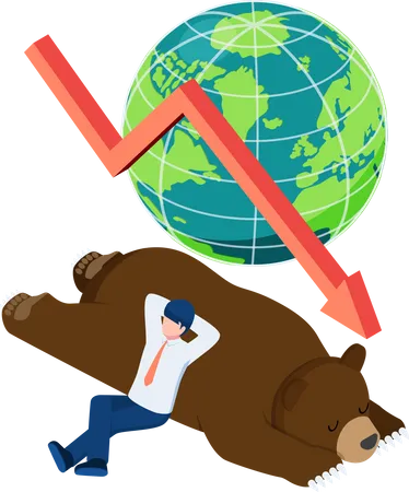 Flat 3 D Isometric Businessman Lay Down On Sleeping Bear Bearish Stock Market And Financial Concept Illustration