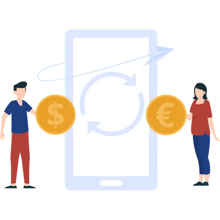 A Boy With A Dollar Coin And A Girl With A Euro Coin Standing Near A Mobile Phone To Exchange Them Illustration