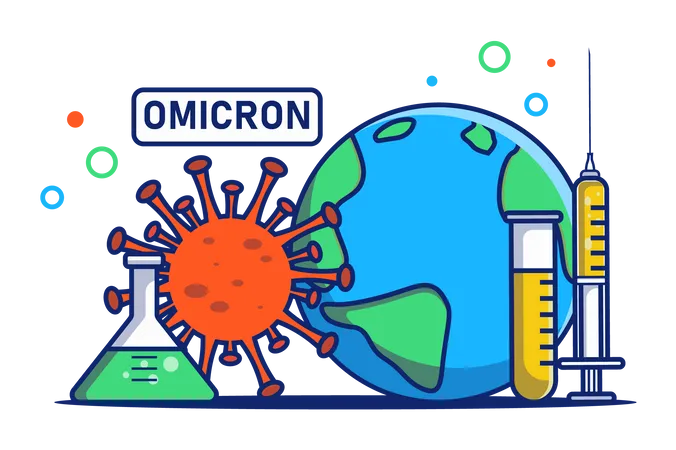 Omicron Virus Concept In Flat Outline Design Coronavirus Disease Outbreak And Global Pandemic Study Of Infection Vaccination And Illness Treatment Vector Illustration With Colorful Line Web Scene イラスト